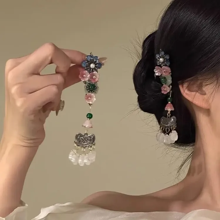 花摇长影~新中式花朵长流苏发夹侧边刘海夹复古汉服配饰发饰女