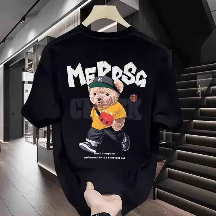 仓石一树2025夏季短袖男士卡通小熊动漫街头痞帅宽松潮牌半袖t恤