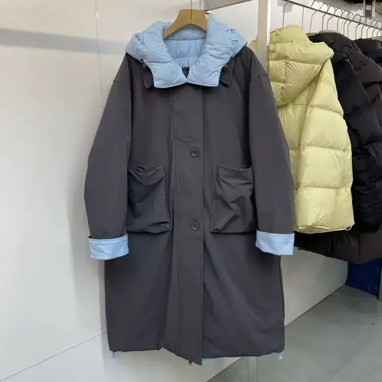 2025冬季新款韩系休闲撞色宽松两面穿连帽长款工装棉服