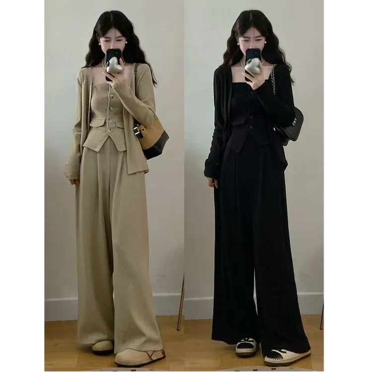 慵懒风气质抹胸上衣开衫阔腿长裤女装2025秋冬新款辣妹休闲三件套