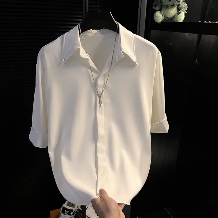 2025夏季冰感简约免烫舒适透气时尚百搭衬衫男士高级感短袖衬衣男