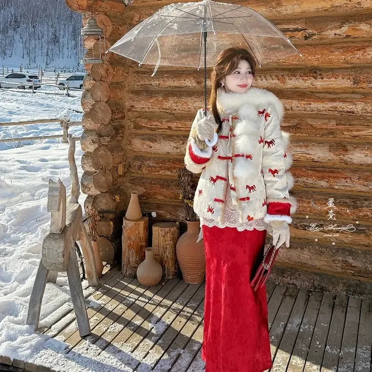 【马上有钱】马年战袍新中式双面穿女秋冬盘扣复古白鸭绒外套