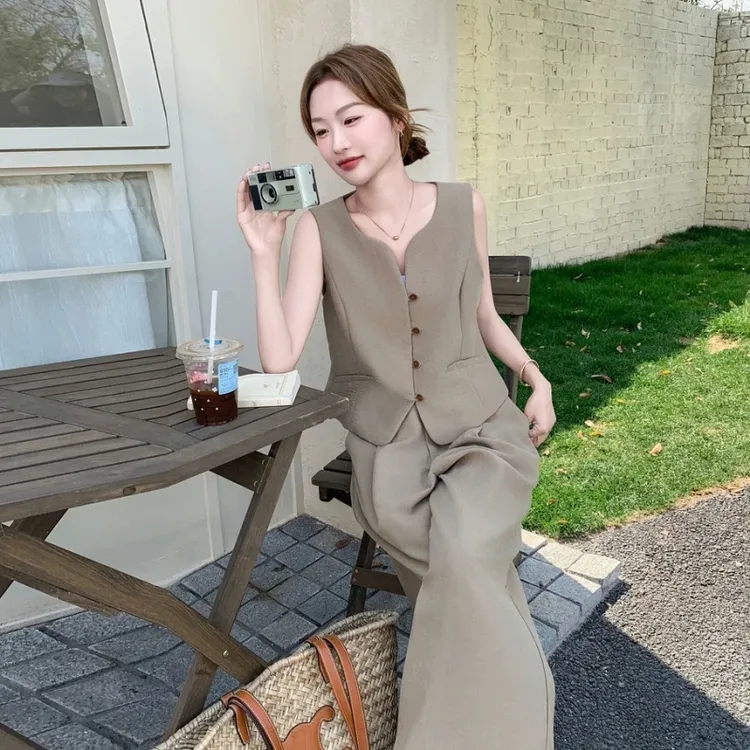 御姐轻熟风西装马甲阔腿裤两件套老钱风休闲风极简风无袖时尚套装