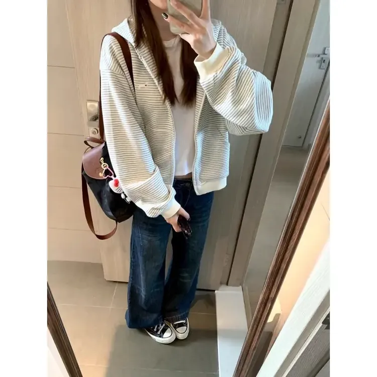 2025新款美式复古腊肠狗刺绣条纹连帽外套女小众设计感宽松外套潮