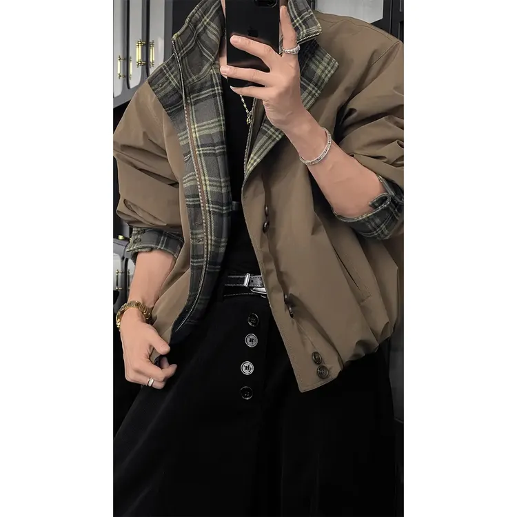 秋冬新品美式复古格纹拼接立领羽绒服男宽松百搭痞帅外套