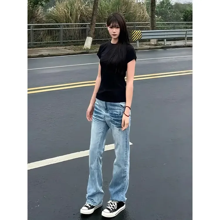 美式高街vibe裤子潮牌冰蓝色闪电纹牛仔裤男款夏季窄版直筒微喇裤