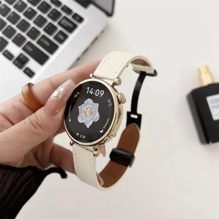 适用于华为GT4表带荔枝纹皮质磁吸折叠扣41mm手表腕带18mm女士ins