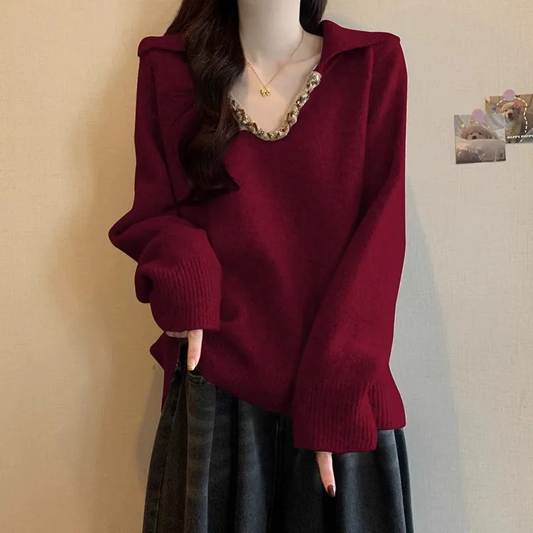 微胖妹妹大码酒红色毛衣女款秋季显瘦复古V领针织衫上衣