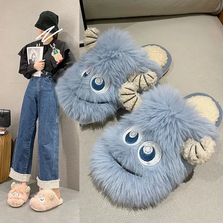 卡通小怪兽毛毛拖鞋女2025秋冬新款防滑保暖家居包头棉拖鞋潮JJJ