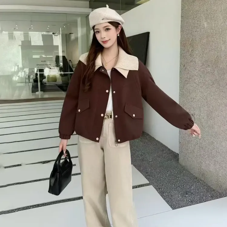 时尚百搭复古双层翻领工装外套女短款2025秋季新款宽松洋气夹克女