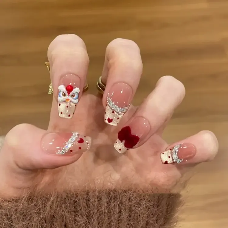 心悦醒狮气质纯欲高级复古返潮开运轻奢纯手工美甲穿戴甲可爱时尚