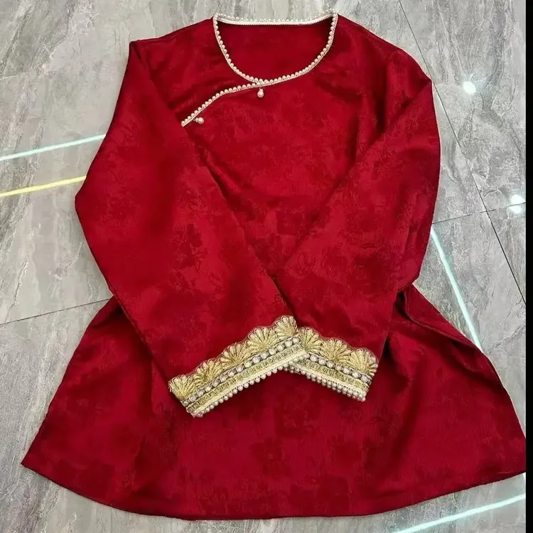 大码新中式国风重工刺绣盘扣提花斜襟长袖上衣