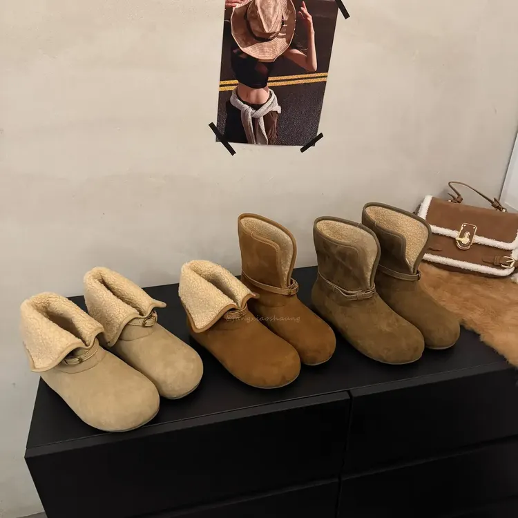 中筒保暖磨砂皮内增高雪地靴软底棉鞋加绒翻领两穿加绒保暖勃肯鞋