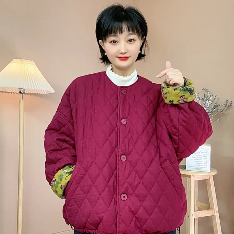 冬季新款复古菱格夹棉宽松短款棉衣棉服外套