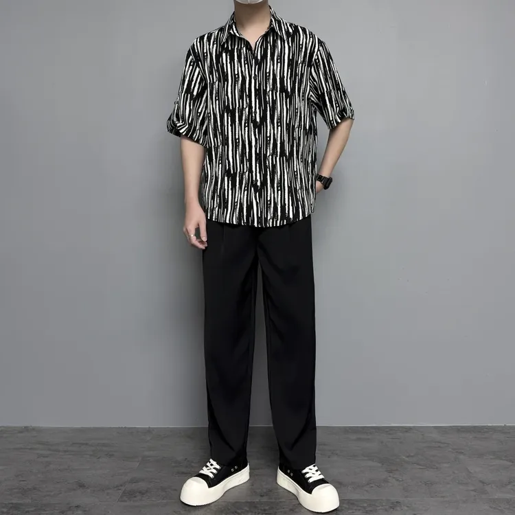 潮男前线夏季潮流痞帅条纹冰丝衬衫+卡扣直筒裤套装薄款休闲时尚