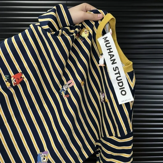 黄色条纹刺绣小狗短袖t恤男女夏季新款超火撞色拼接宽松百搭上衣