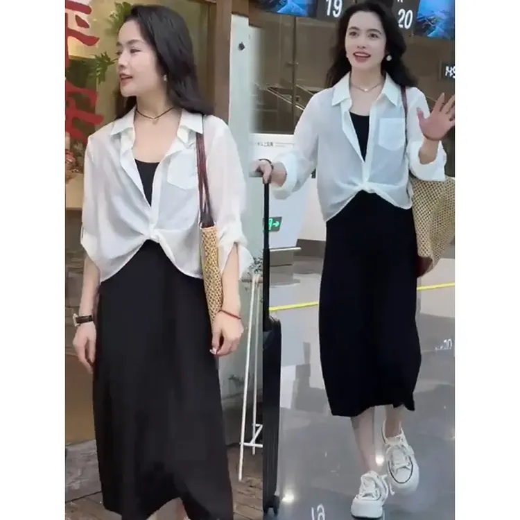 简约套装裙女2025夏季新款时尚洋气交叉长袖衬衫吊带连衣裙两件套