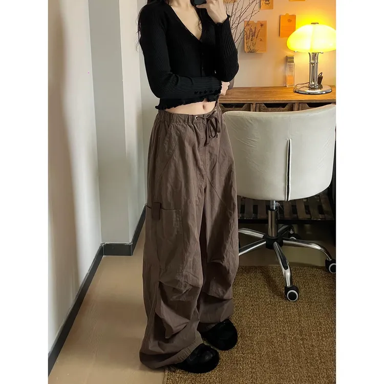 BINXLAN美式抽绳工装裤女2025新款机能风休闲裤多口袋直筒阔腿裤
