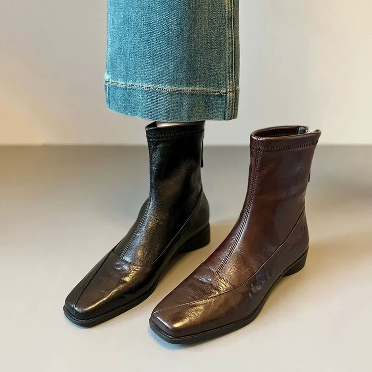 羊皮方头短靴女3cm低跟2025新款秋冬加绒真皮静音减震软底马丁靴