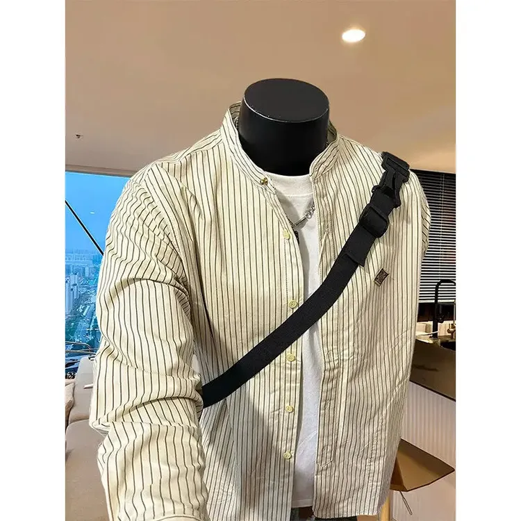 美式复古竖细条纹立领长袖衬衫外套男春季宽松休闲痞帅可外穿衬衣