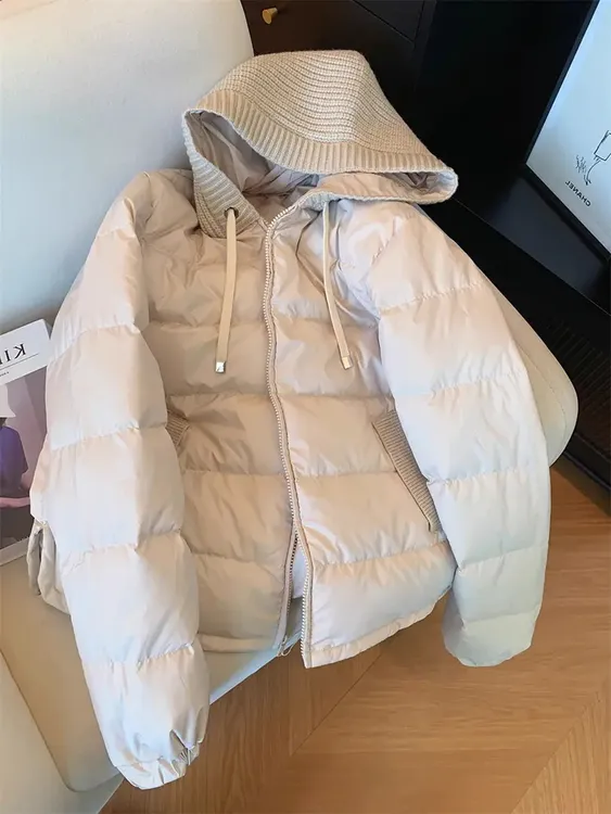 设计感独特别致针织拼接连帽棉服女秋冬法式气质百搭拉链棉衣外套