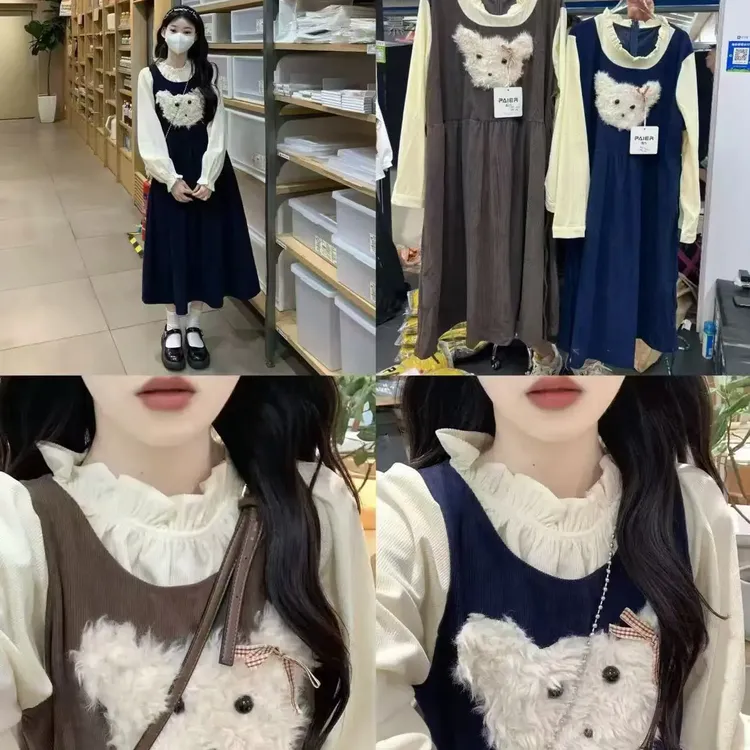 可爱少女毛绒小熊背心连衣裙复古收腰灯芯绒A字裙