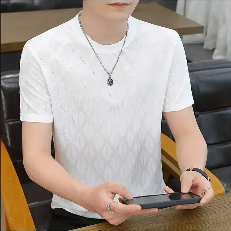 【冰爽丝滑】2025t恤上衣男士夏季半袖镂空薄款圆领休闲百搭透气衫