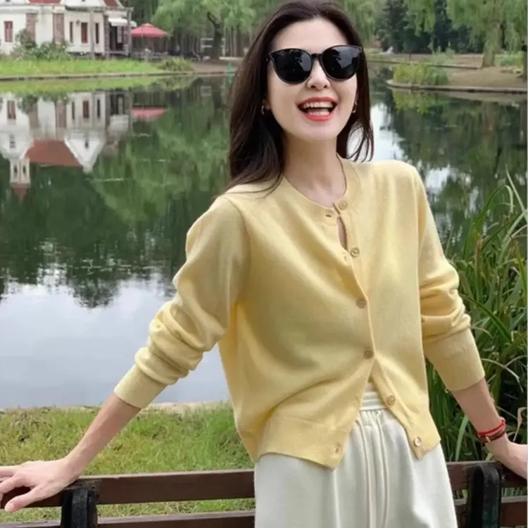 黄色长袖针织开衫女2025早秋薄款外套温柔风软糯百搭纯色开衫上衣