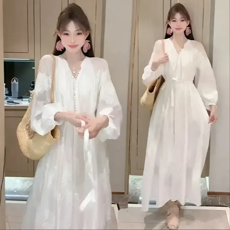 【小鹿lulu专属】天 丝高级感法式绣花长袖2025新款宽松绝美纱长裙