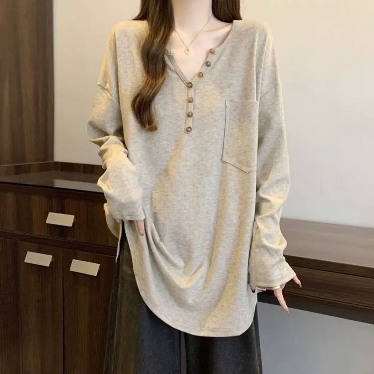 微胖妹妹大码2025春季新款半开领长袖t恤女宽松中长款减龄上衣潮