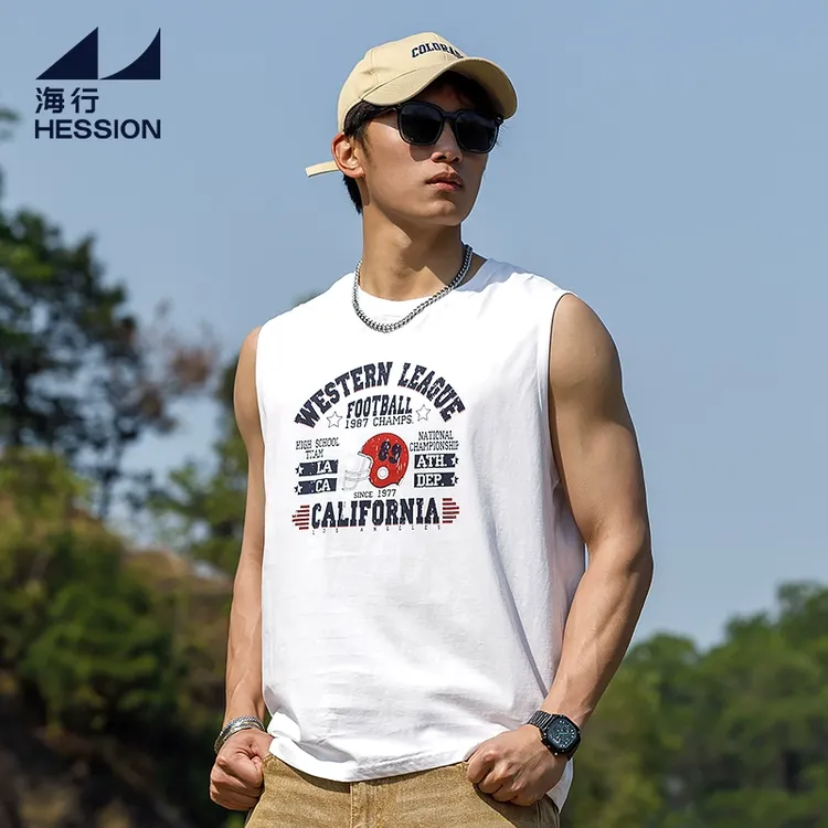 海行白色户外透气无袖T恤男 2025年夏季新款印花宽肩健身运动背心