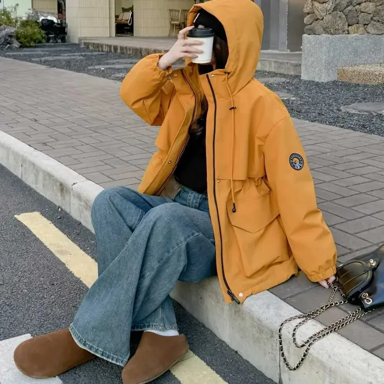 女厚款秋冬中长款冬季保暖连帽派克服时尚休闲工装南瓜色棉服外套