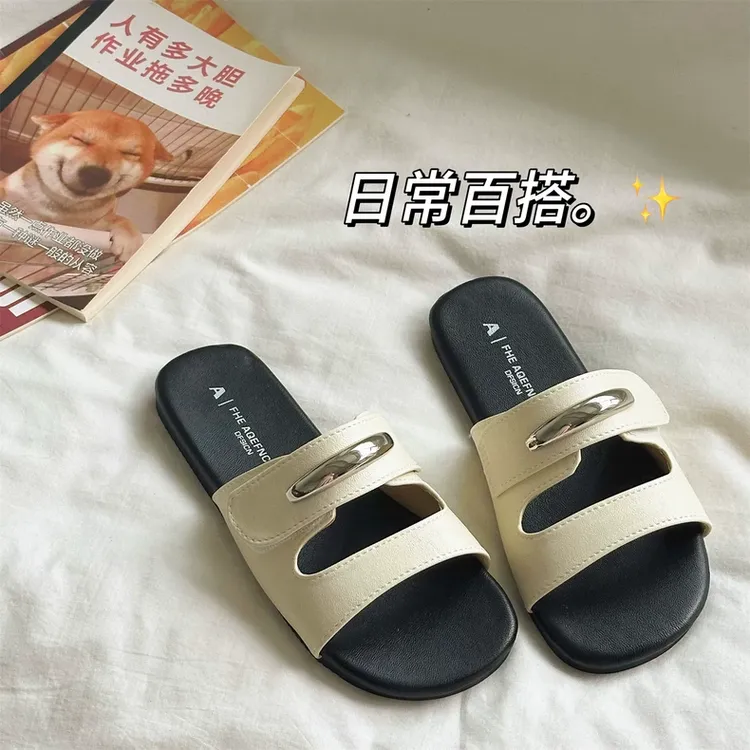 网红超火~！金属搭扣一字拖鞋女chic夏季外穿沙滩魔术贴平底凉拖