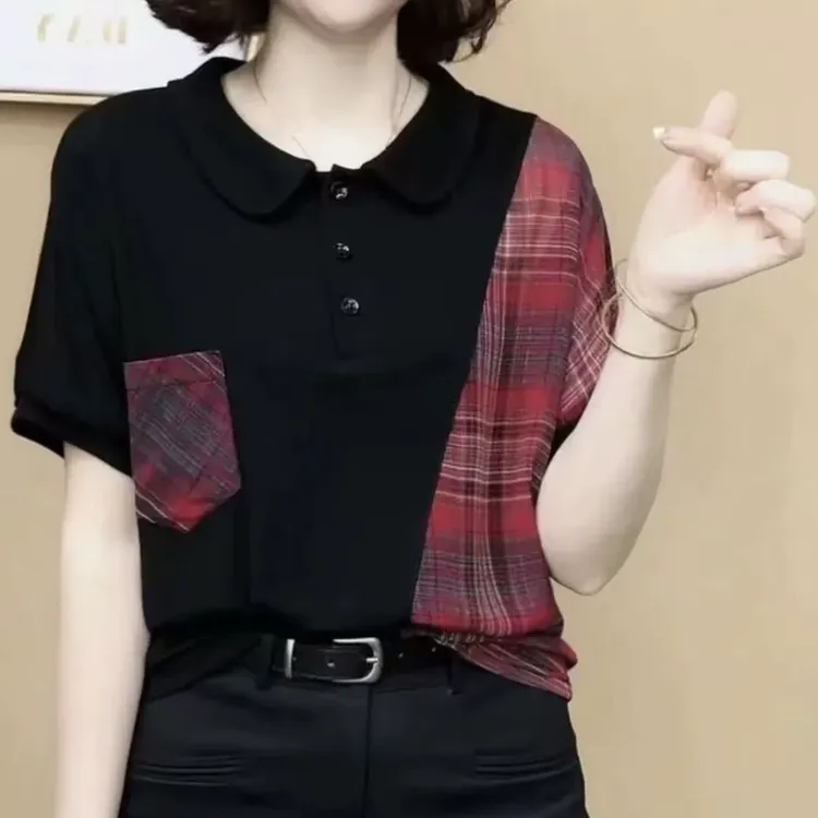 2025新款娃娃领短袖T恤女高档上衣宽松显瘦洋气女士衬衣大码减龄t