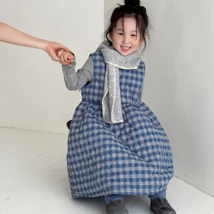 女童连衣裙2025冬季韩版格子夹棉加厚公主裙宝宝加厚格子长裙潮