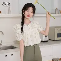 慕兔法式小清新碎花短袖衬衫女2024夏季新款设计感小众荷叶边上衣