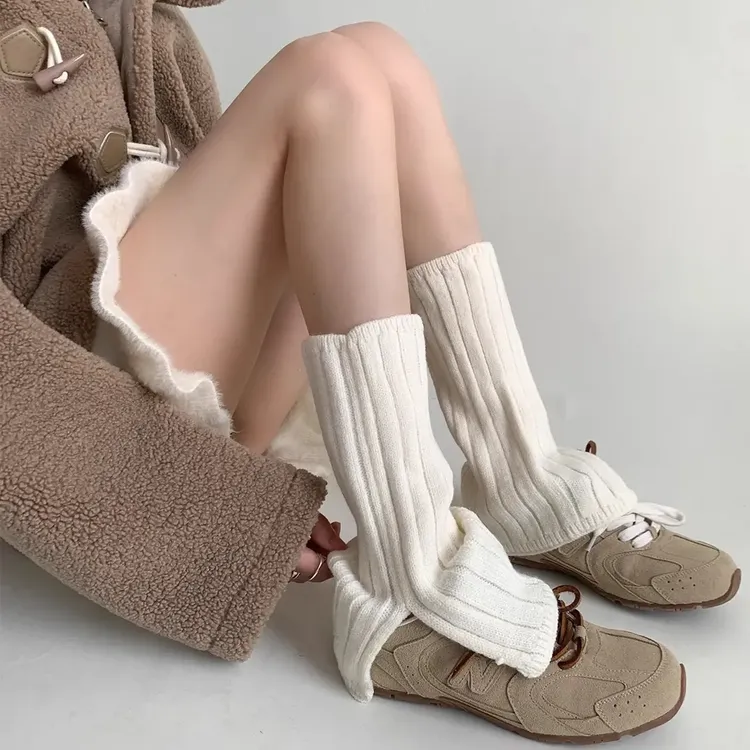 日系开叉针织袜套奶白袜子女设计小众小腿套秋冬辣妹中筒堆堆袜子