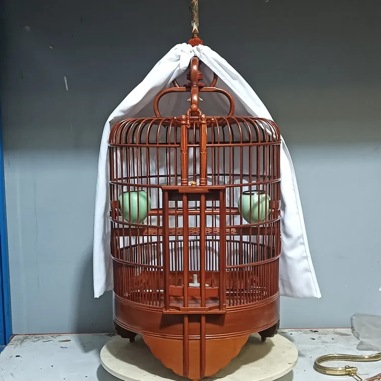 清远广式水波脚鸟笼33公分广西底防爆漆橘红色老竹制作全套包邮
