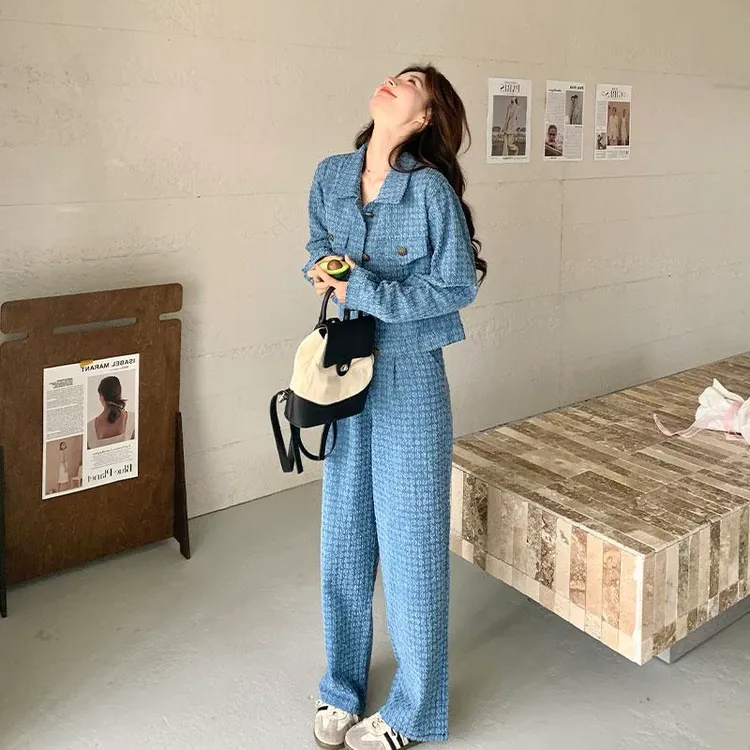 蓝色小香风格纹牛仔套装女春季轻奢高级感洋气显瘦长裤两件套