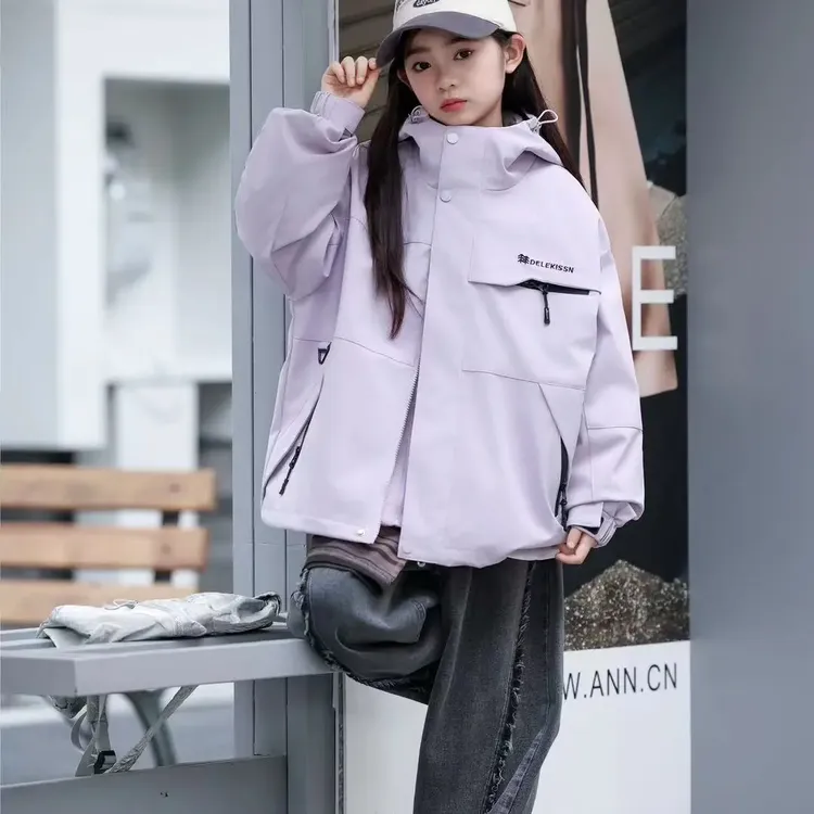 男冬季秋季休闲浅紫冲锋衣普通外套字母拉链连帽