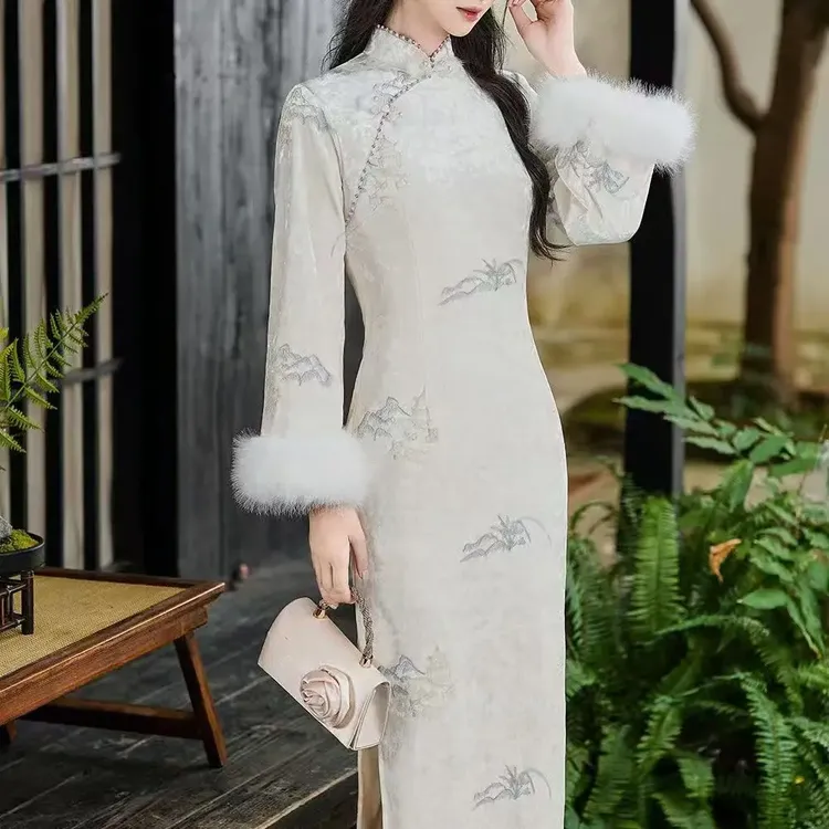 新款加绒加厚冬季新中式改良旗袍秋冬长袖中国风年轻旗袍小个子