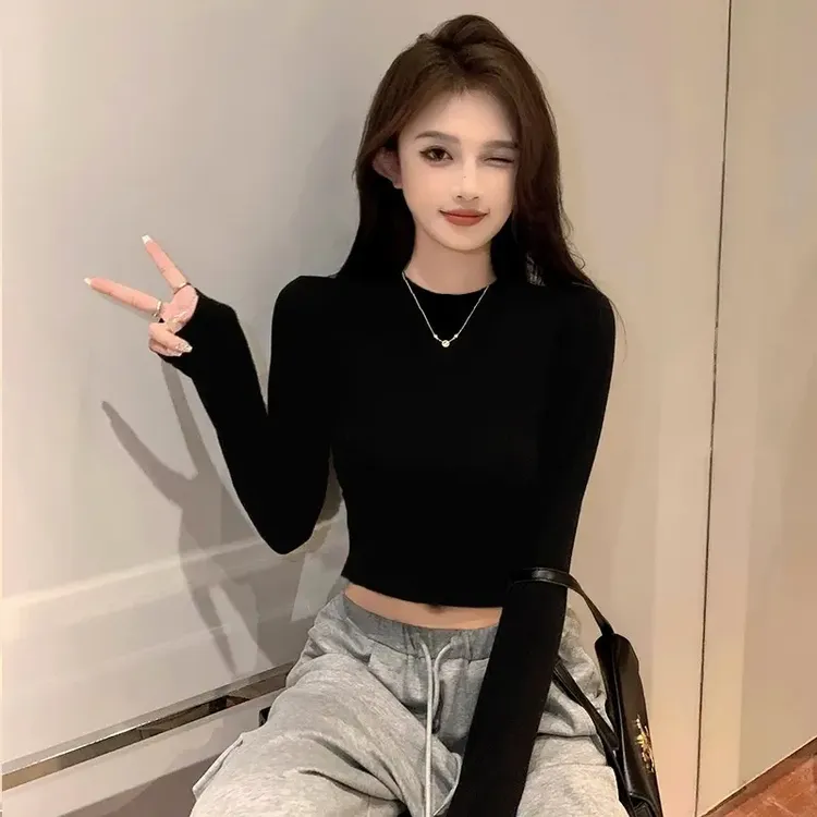 棉质黑色半高领打底衫女内搭2025新款春秋短款紧身长袖露脐上衣潮