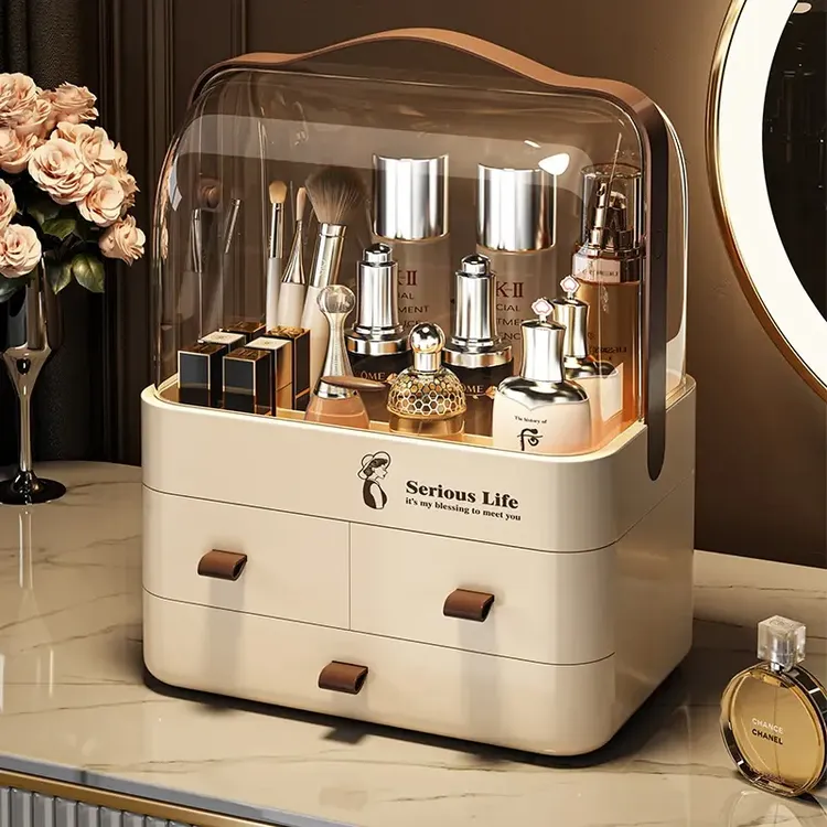 大号三层化妆品收纳盒防尘梳妆台桌面口红整理箱高级感置物架A460