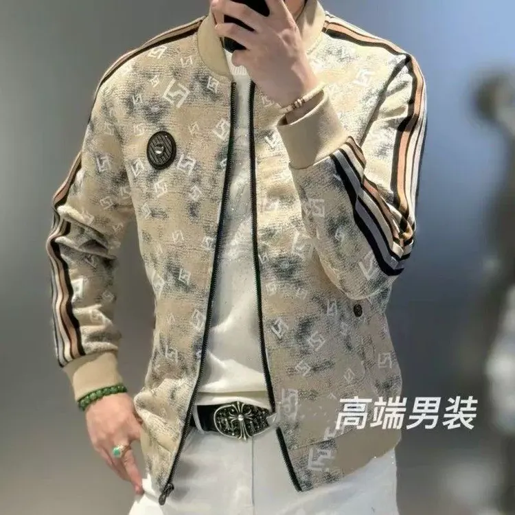 设计感个性时尚条纹印花棒球服男士潮牌轻奢高端休闲拉链夹克外套