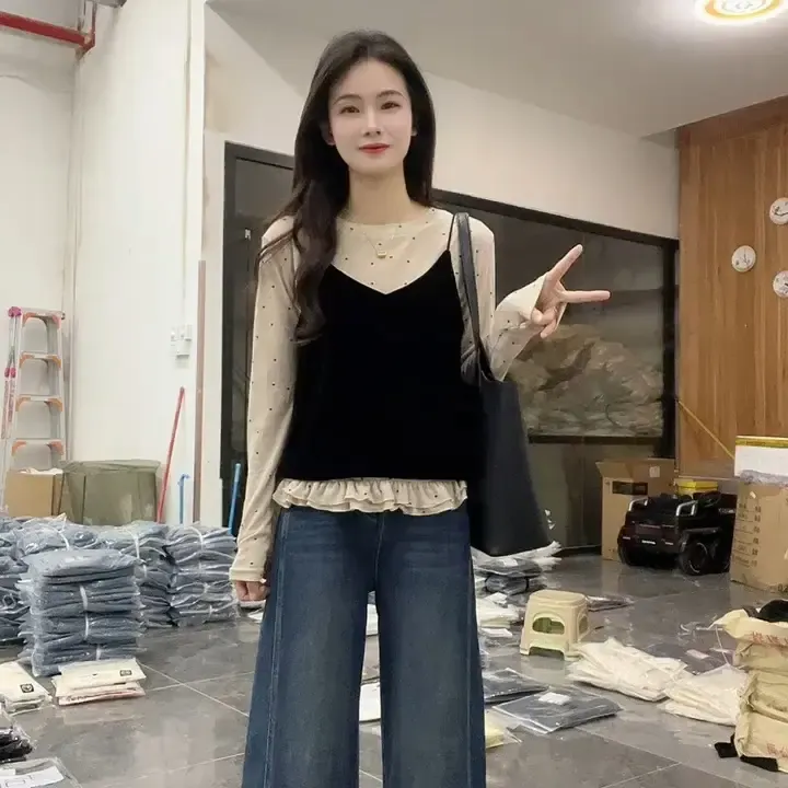 秋季洋气显瘦气质纯欲风休闲风时尚女士丝绒波点打底套装