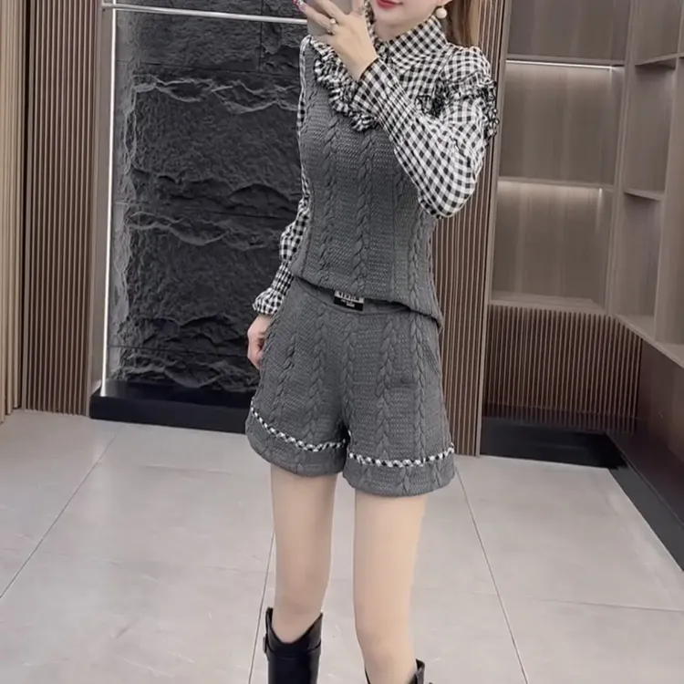 欧货新款拼接俩两件衬衫领上衣搭短裤套装