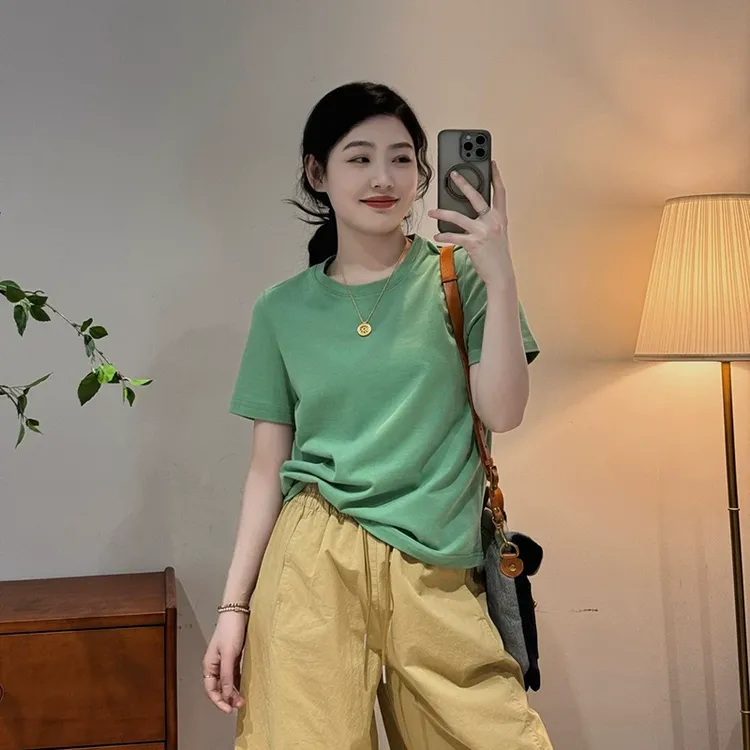 大码胖圆领正肩短袖恤女新款夏季时尚百搭遮肚子显瘦上衣