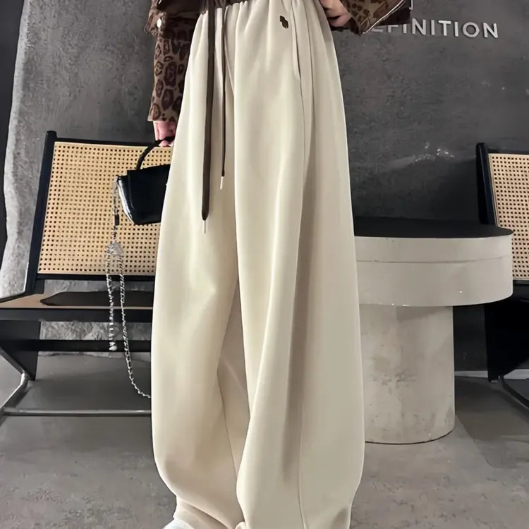 秋冬加绒加厚慵懒风刺绣高腰拼色显瘦阔腿直筒休闲弯刀裤阔腿裤