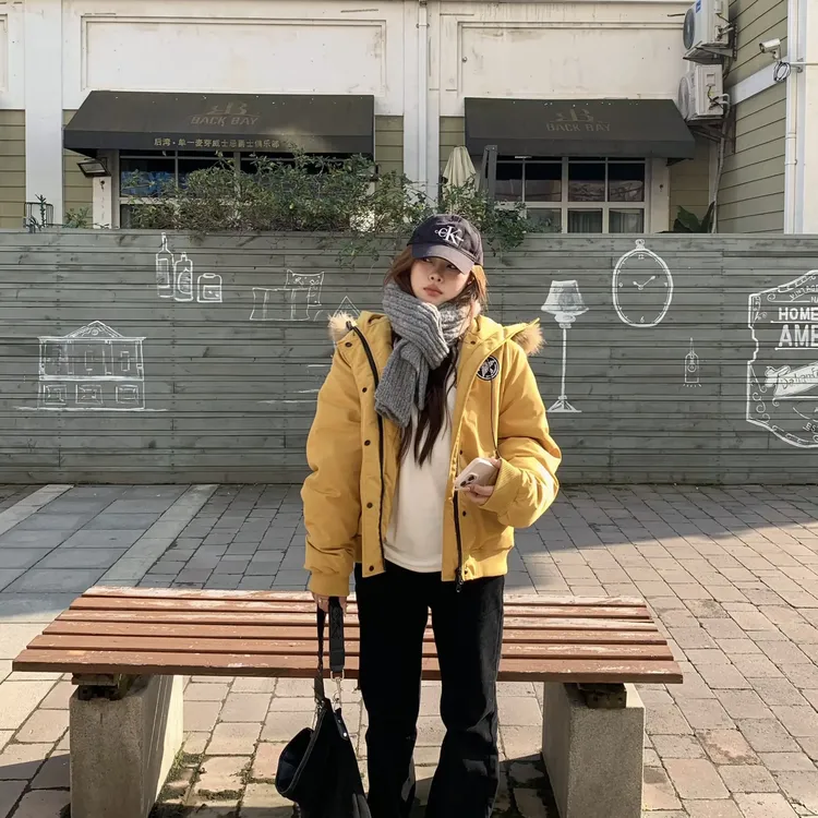 宅宅athome//毛领连帽羽绒服加厚保暖中长款派克工装外套