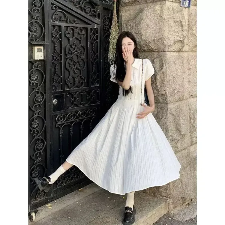 泡泡袖衬衫连衣裙女长裙夏季初恋学院风小个子百搭气质收腰长裙子